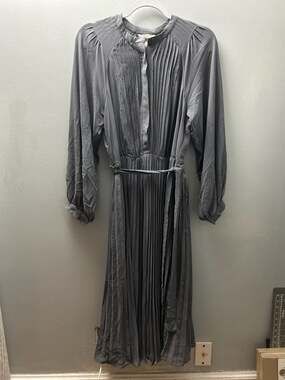 H&M Grey Pleated Long-Sleeve Midi Dress with Tie Waist